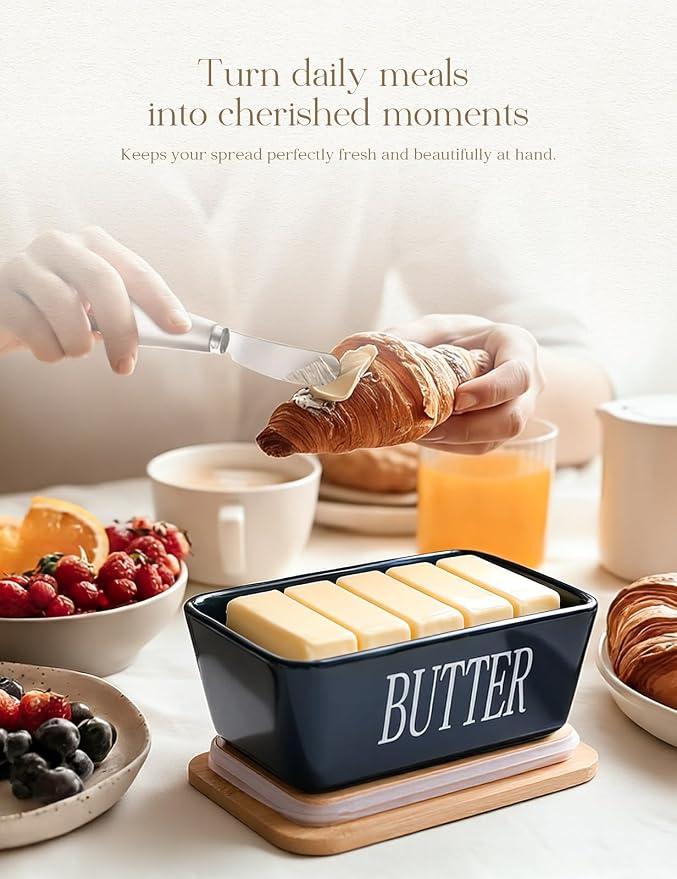 Ceramic Butter Dish with Lid and Knife & Silicone Seal for Countertop Blue | Suitable Capacity, Great Sealing, Home Decor Kitchen Gift Housewarming Gift - Image 5