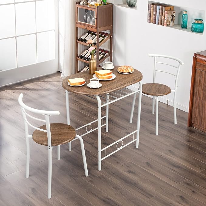 VINGLI 3 Piece Dining Set,Small Kitchen Table Set for 2,Breakfast Table Set,Kitchen Wooden Table and 2 Chairs for Small Space/Dining Room/Apartment,Metal Frame,Wine Rack,White&Warm Oak - Image 3