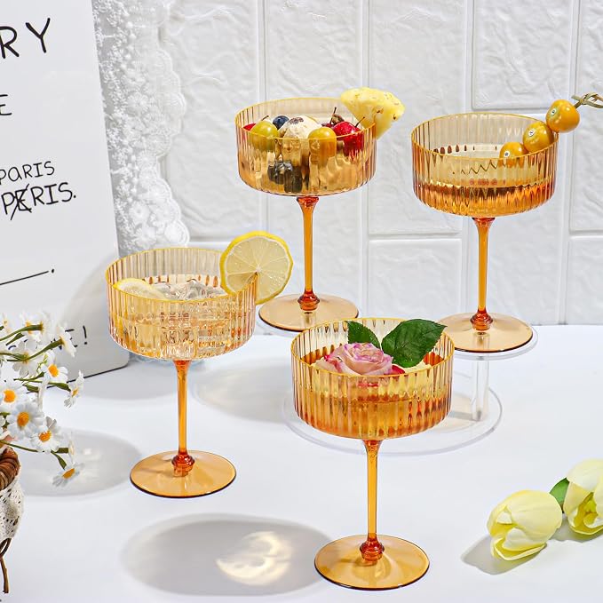 12 PCS Ribbed Coupe Glasses Amber Plastic Champagne Coupe Cup 10oz Detachable Gold Rim Espresso Martini Glass Vintage Margarita Glassware Cocktail Glass Disposable for Thanksgiving Wedding - Image 3