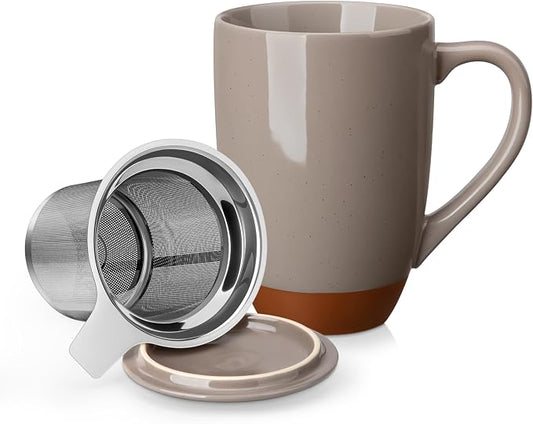 MALACASA Ceramic Tea Mug with Lid and Stainless Steel Infuser, 18 oz Large Tea Cup for Loose Leaf Tea, Heat-Resistant, Microwave & Dishwasher Safe, Speckled Glaze Coffee & Tea Brewer Mug, Khaki Brown by MALACASA