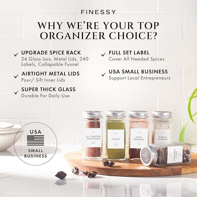 FINESSY Thick Glass Spice Jars With Airtight Lids And Labels 4oz 24 Pack | Empty Spice Containers with Metal Lids, Sift / Pour Shaker Inserts, Waterproof Labels (200 Pre-Printed, 40 Blank) And Funnel - Image 2