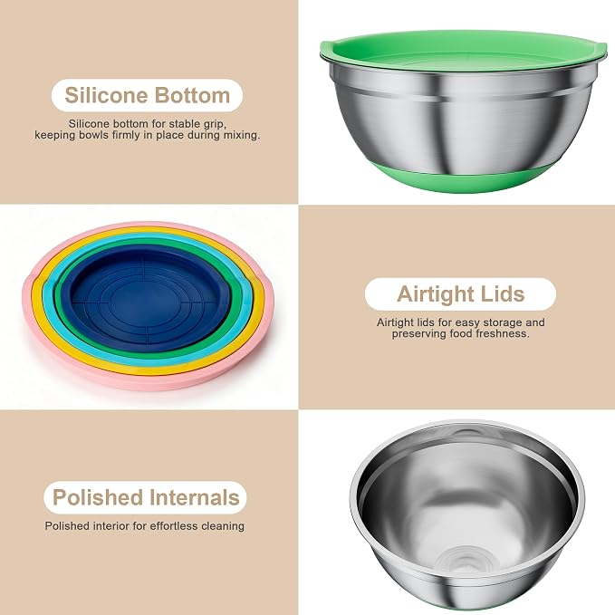 20-Piece Mixing Bowls Set with Airtight Lids – 6 Stainless Steel Kitchen Bowls (4.5QT, 4QT, 3.5QT, 2.1QT, 1.5QT, 1.1QT), 3 Grater Attachments, Non-Slip Silicone Bottoms, Perfect for Baking & Serving - Image 3