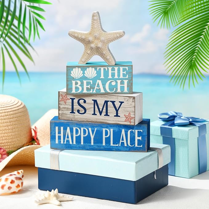 Moucuny 4 Pcs Summer Table Decoration Beach Tiered Tray Decor Starfish Coastal Rustic Wooden Block Sign Gifts Blue and White Ocean Centerpieces Farmhouse Beach Nautical Decor for Home Shelf Mantel - Image 3