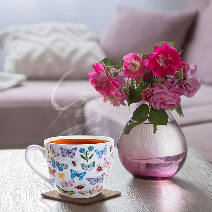 Colorful Butterfly Mug - 20oz Bone China Coffee Tea Hug Mug with Multicolor Butterflies, Ladybugs, Bees & Blooms, Perfect Gifts for Mom Women Mothers Day, Designed in England by Harvest Green Studio - Image 6