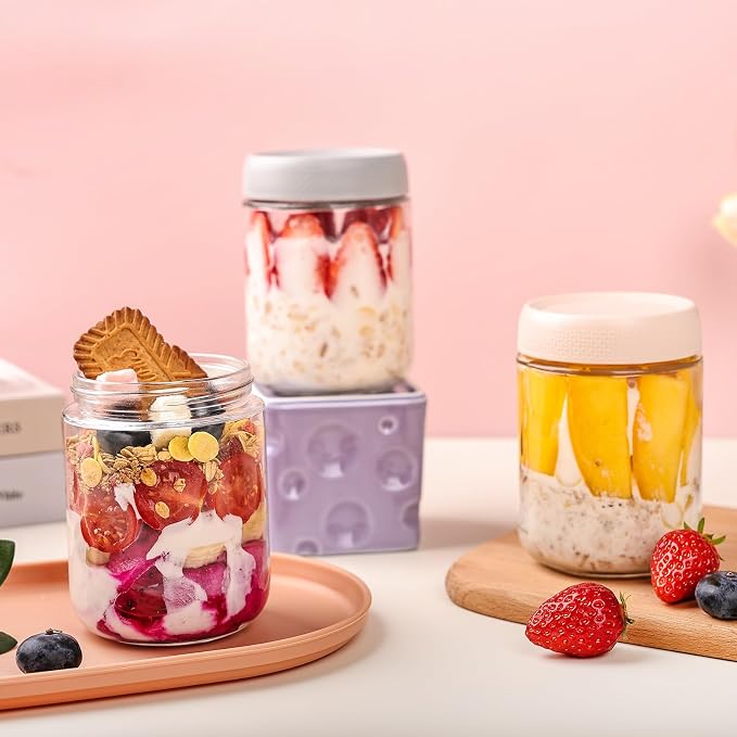 YUNCANG 6-pack Overnight Oats Containers with Airtight Lids, 16 oz Wide Mouth Mason Salad jars, Glass Food Storage Containers for Sugar Spice Yogurt Snacks - Image 5