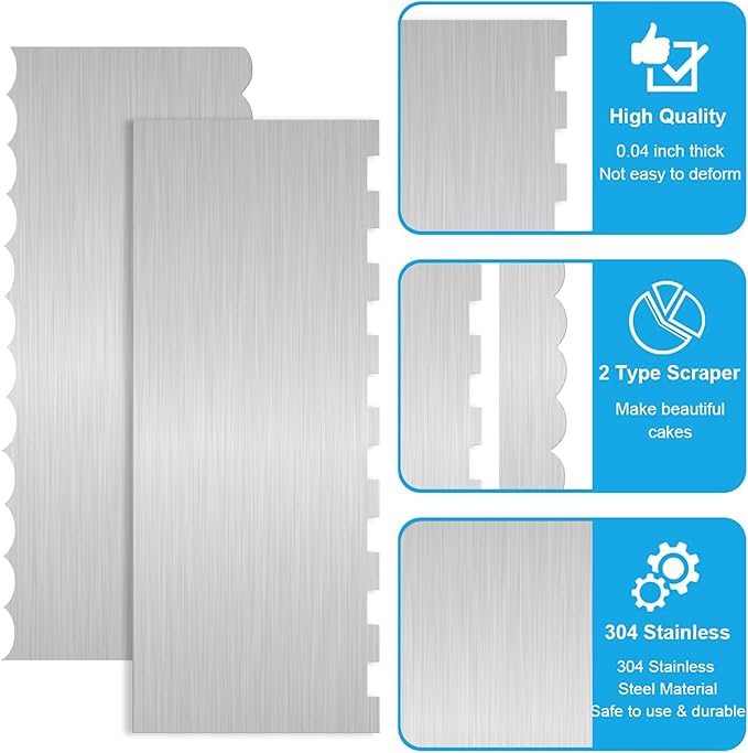 2 Pc Stainless Steel Cake Scraper Cake Decorating Tools Edge Side Jagged Wave Double Sided Patterned Comb Metal Cake Carving Smoothing Cream Pastry Baking(CS-21，CS-25)