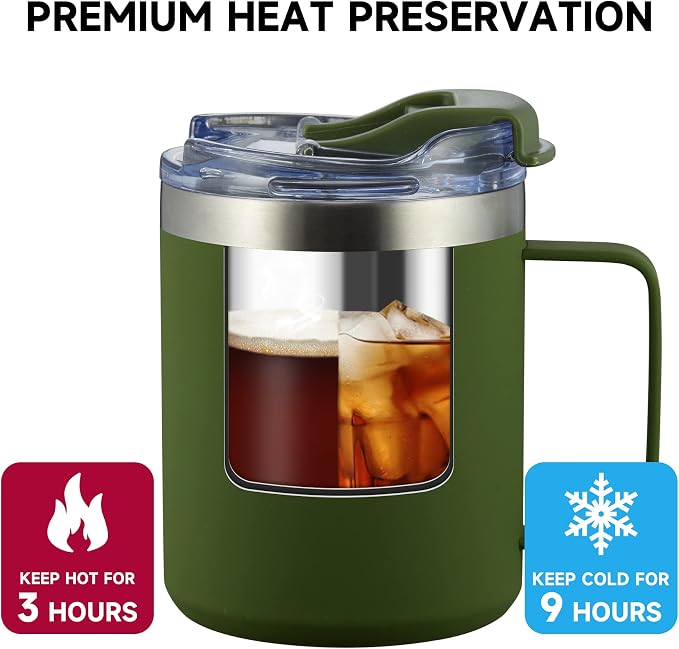 12oz Insulated Travel Coffee Mug with Handle, Army Green | Stainless Steel Coffee Tumbler with Lid, Double Wall Vacuum Thermal Cup for Camping - Image 3