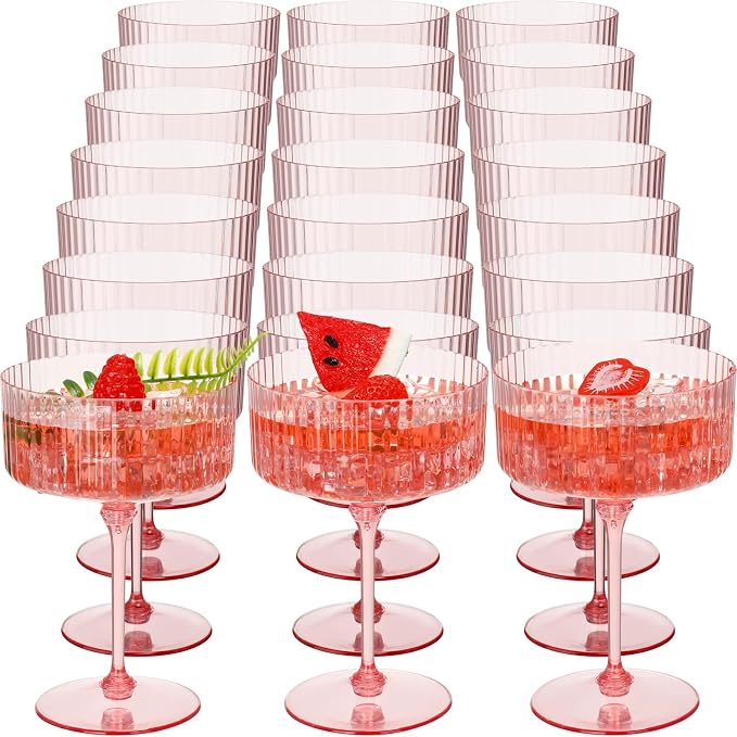 Jingmore 24 Pcs Ribbed Martini Glasses 10 oz Disposable Plastic Vintage Ribbed Coupe Glasses Unbreakable Dessert Parfait Glassware for Wedding Birthday Party Supplies (Pink) by Jingmore