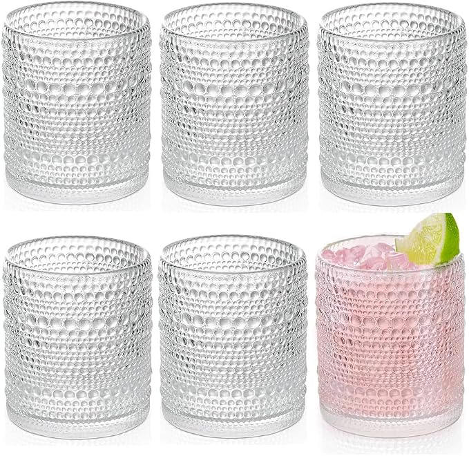 Hobnail Drinking Glasses set of 6 (13 oz), Vintage Glasses Drinking Set Cocktail Glasses, Embossed Glass Cup for Kitchen, Tumbler Glassware Set for Beer, Juice, Cocktail, Whiskey and Milk by FULGNU