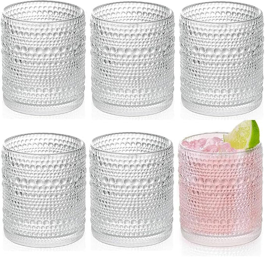 Hobnail Drinking Glasses set of 6 (13 oz), Vintage Glasses Drinking Set Cocktail Glasses, Embossed Glass Cup for Kitchen, Tumbler Glassware Set for Beer, Juice, Cocktail, Whiskey and Milk by FULGNU