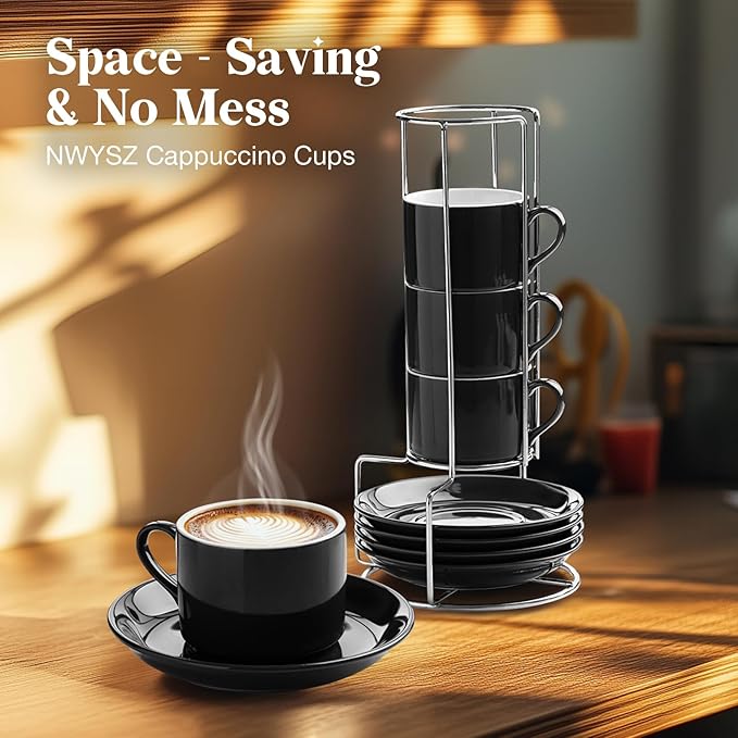 5 Ounce Black Porcelain Stackable Espresso Cups with Stainless Steel Holder, Set of 4, Durable Ceramic, Perfect for Home, Office or Gift