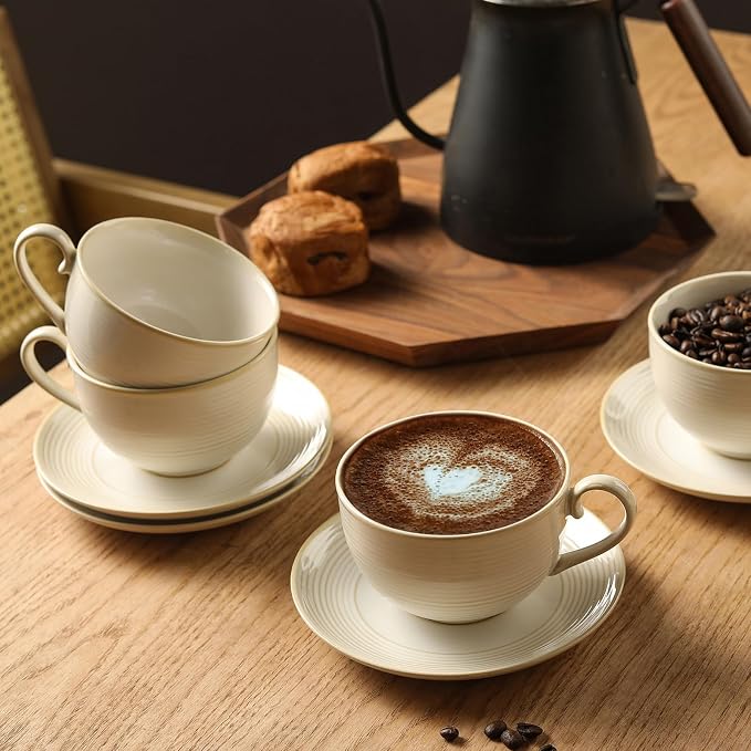12Oz Coffee Cups with Saucers, Ceramic Espresso Cup Set of 4, Cappuccino Cups Set, Tea Mugs and Saucer, Microwave Dishwasher Safe Drinkware for Home, Cafe, Housewarming Gifts - Image 5