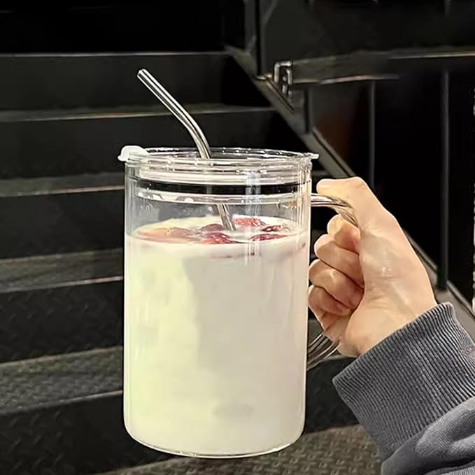 Glass Water Cup with Handle - 32 oz, Clear Mug with Lid and Straw，Thick Transparent Mug for Coffee, Milk, Juice,Perfect for Office and Live at Home Use