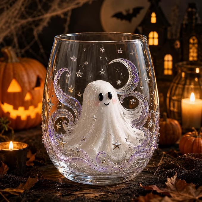 Halloween Ghost Stemless Wine Glass, 3D Raised Pumpkin Black Cat Spider Design Glassware Collection, Novelty Spooky Drinking Glasses for Cocktails, Halloween Party Decor Home Bar Gift，Ghost Edition by Unknown