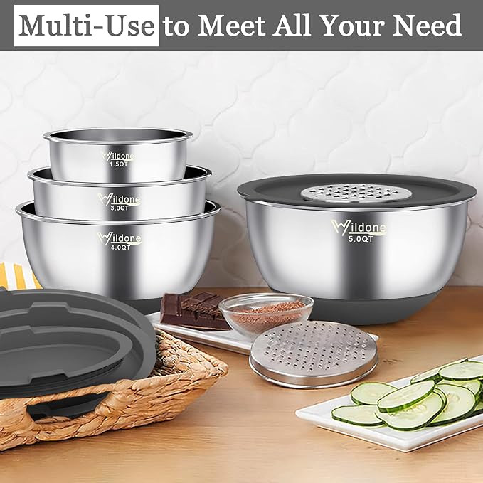 Wildone Mixing Bowls with Airtight Lids, Stainless Steel Mixing Bowls Set | Metal Bowls with 3 Grater Attachments & Non-Slip Bottoms, Size 5, 4, 3, 2,1.5, 0.63QT, Includes Utensil Set for Prep, Gray - Image 5