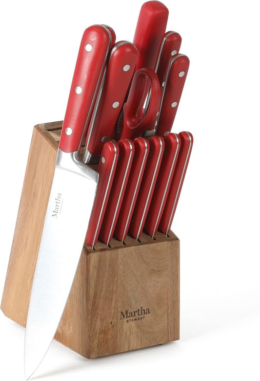 MARTHA STEWART Eastwalk 14 Piece High Carbon Staineless Steel Cutlery Knife Block Set w/ABS Triple Riveted Forged Handle Acacia Wood Block - Red by MarthaStewart