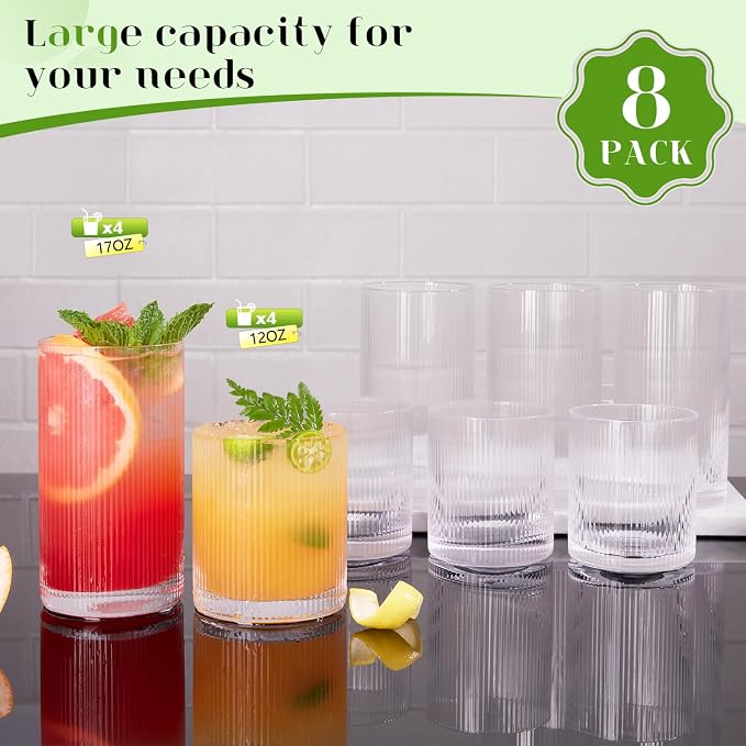 Ribbed Drinking Glasses Cups Set of 8 Large Capacity Highball 17oz&12oz | Rocks Cocktail Glasses Ideal for Beer, Juice, Water, Ice Coffee Cup, Whiskey, Mixed Drinkware - Image 7