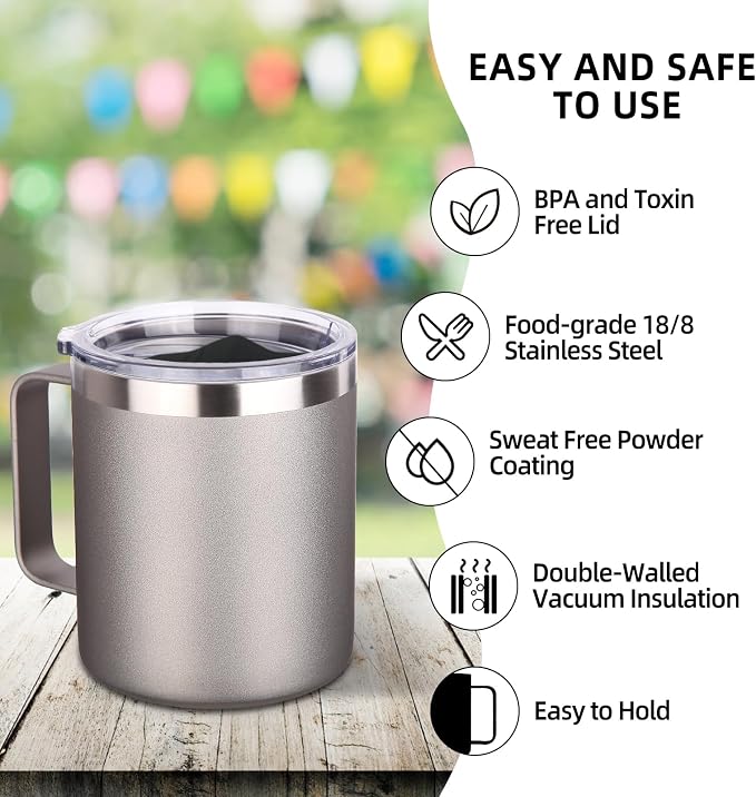 Volhoply 14oz Insulated Stainless Steel Coffee Mug with Lid Bulk 2 Pack,Double Wall Vacuum Travel Coffee Cup with Handle,Reusable Metal Cups Tumbler,Camping Mugs Keep Hot,Ideal Gifts(Gray,2 Set) - Image 4