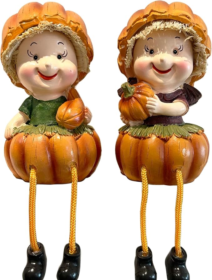 KiaoTime Fall Thanksgiving Scarecrow Pumpkin Shelf Sitters with Dangling Legs Decoration, Set of 2 Fruit Harvest Sculpture for Window Sill Kitchen Tabletop Autumn Home Decoration by KiaoTime