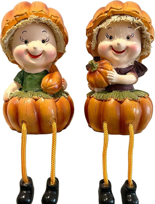 KiaoTime Fall Thanksgiving Scarecrow Pumpkin Shelf Sitters with Dangling Legs Decoration, Set of 2 Fruit Harvest Sculpture for Window Sill Kitchen Tabletop Autumn Home Decoration by KiaoTime