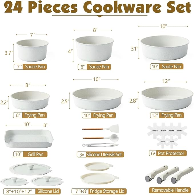 SENSARTE 24 Piece Nonstick Detachable Handle Pots and Pans Set White | Removable Handle Cookware Set, Induction Cookware Set with Removable Handle, Healthy Non Stick for RV, Dishwasher ＆ Oven Safe - Image 2