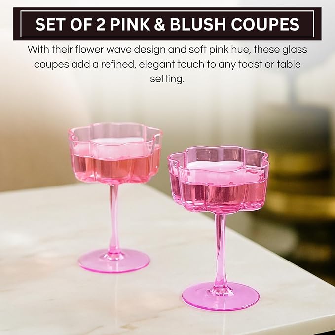 Flower Scalloped Vintage Wavy Petals Wave Glass Coupes 7oz Colorful Martini, Champagne & Cocktails, 2 Pink & Blush Set Amber Rippled Champagne Glasses, Elegant Bar Glassware, Aesthetic Coupe Glassware - Image 3