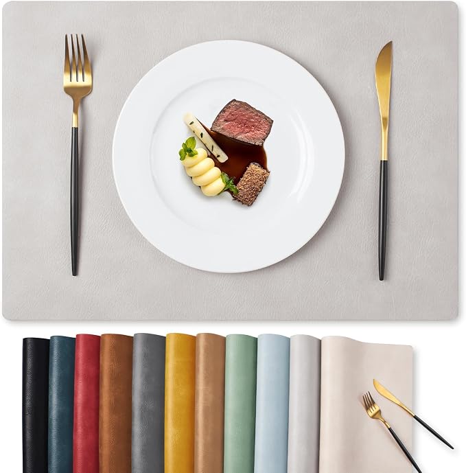 MOSAYT Vinyl Placemats Set of 8-12 X 17 Inch - Faux Leather 100% Waterproof Oil-Proof Wipeable PU Place Mats, Heat Resistant Reversible Table Mats for Kitchen, Dining, Outdoor, Light Grey by MOSAYT