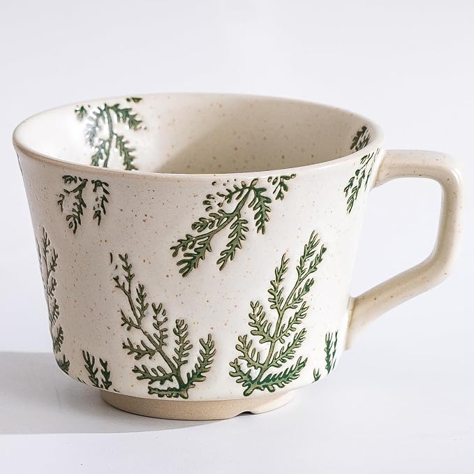 Small Ceramic Mug 1pc, 11oz - Vintage Coffee Mug, Handmade Pottery Cup for Milk, Latte, Cappuccino, Tea - Porcelain Dishwasher, Microwave Safe Stoneware Green Leaf by Tvvtuww