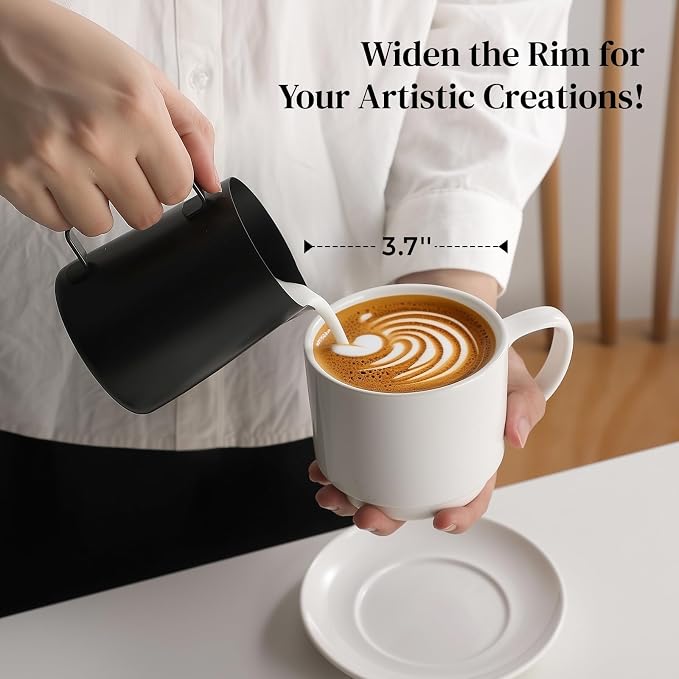 DOWAN 12oz Coffee Mugs, Cappuccino Cup and Saucer Set of 4, White Ceramic Coffee Cups for Latte/Tea/Milk, Tea Cups for Use in Office, Home and Cafes, Microwave Safe - Image 4