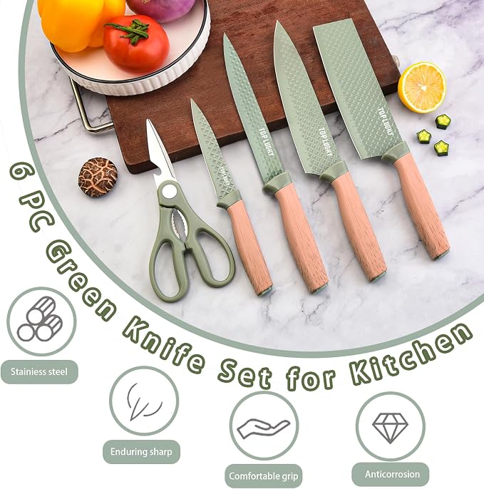 Kitchen Knife Set, Retrosohoo 6-Pieces Green Sharp Knife Set for Kitchen, Non-stick Non-slip Stainless Steel Chef Knife Set with Universal Knife Block Suitable for Home Restaurant (Green) - Image 2