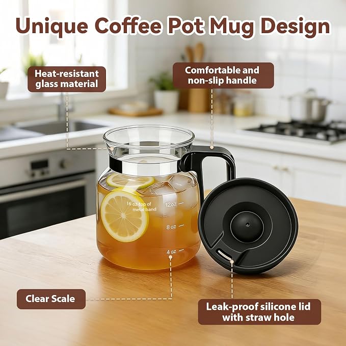 16 Oz Glass Mini Coffee Pot Mug with Spill Proof Lid, Heatproof Clear Coffee Pot Cup, Novelty Coffee Mug for Travel & Office, Ideal for Coffee Lovers (1 Pack) - Image 5