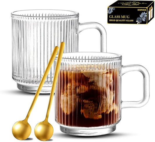 Glass Coffee Mug Espresso Cups for Coffee 12 oz Classical Vertical Stripes Glass Tea Cups Transparent Glasses for Latte Juice Chocolate Gift