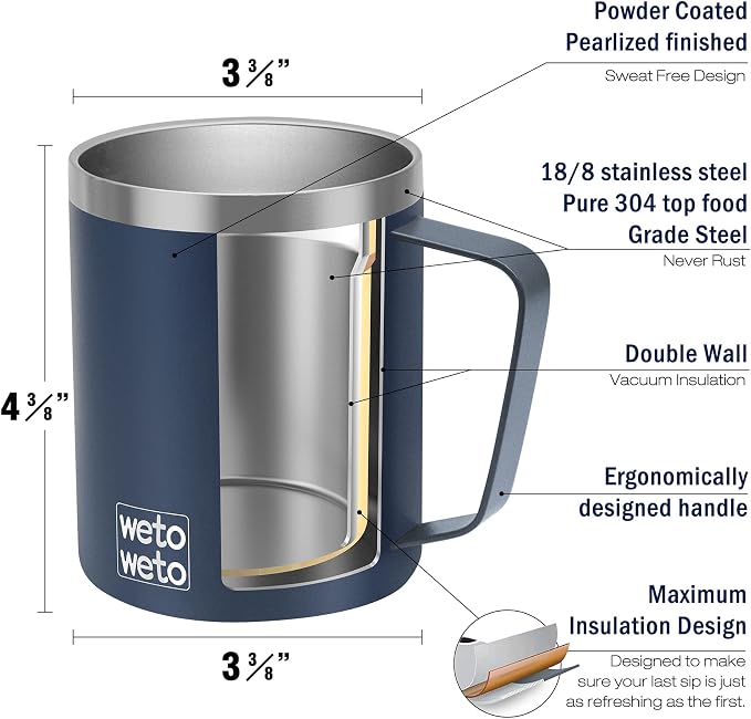 WETOWETO 14 oz Coffee Mug, Vacuum Insulated Camping Mug with Lid, Double Wall Stainless Steel Travel Tumbler Cup, Coffee Mugs Outdoor, Navy Blue & Rose Gold 2 Packs - Image 3