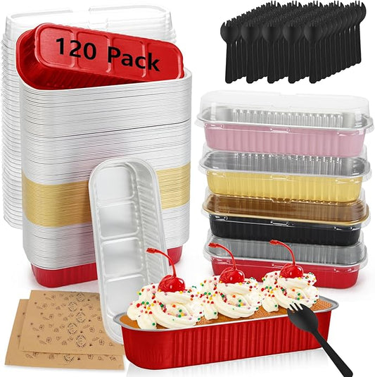 Ruckae 120 Pack Mini Loaf Pans with Lids and Spoons Stickers Disposable Aluminum Tin Foil Pans Rectangle Mini Loaf Cake Pan for Baking,Party,Picnics,Gifts(Mixed Color)