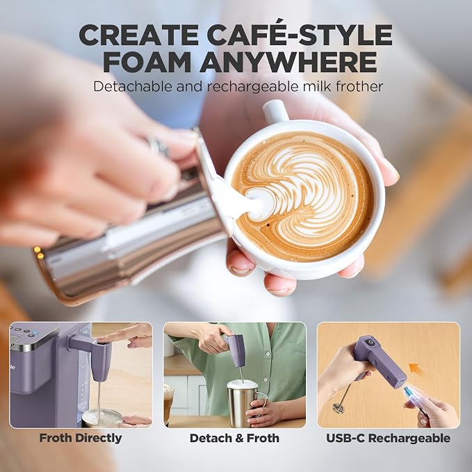 Tastyle Single Serve Coffee Maker with Built-in Detachable Milk Frother | For K Cups & Grounds, 40oz Removable Water Tank, 6 Brew Sizes, 2 Drip Trays, BPA Free, Fits 7.3" Travel Mug, K330MF, Purple - Image 4