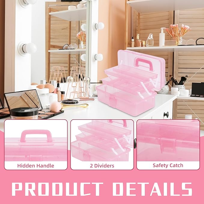 Saim Storage Bins,Three-Layer Multipurpose Art & Craft Storage Container,Carry Tackle Organizer,Medicine Cosmetic Art Supply Box for Art Supply Makeup Hair Accessories Painting Tools - Light Pink