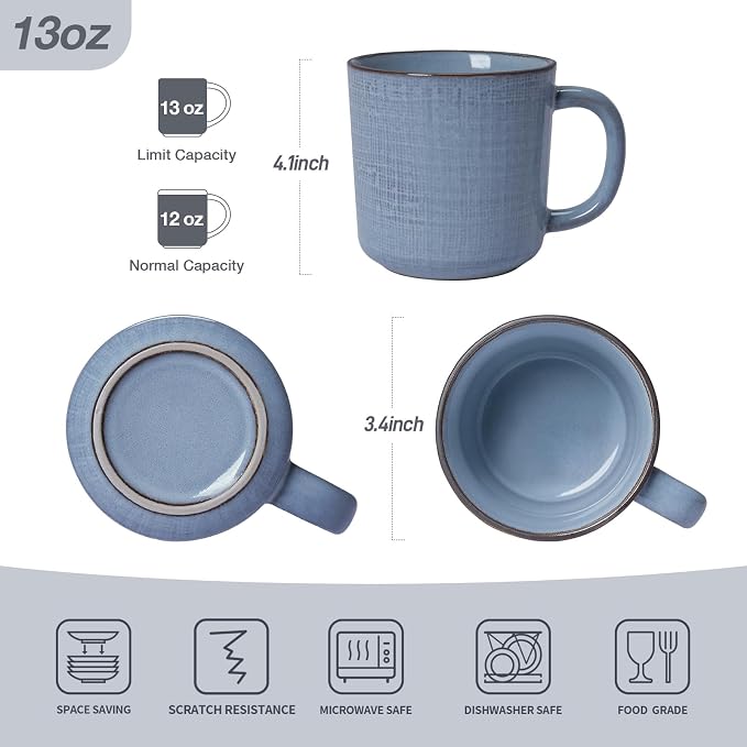 famiware Moonlight Coffee Mug Set of 4, 14oz Mug Set with Linen Finish, Coffee Cup Set with Handle for Latte, Cappuccino, Tea, Hot Cocoa, Microwave and Dishwasher Safe, Blue - Image 6