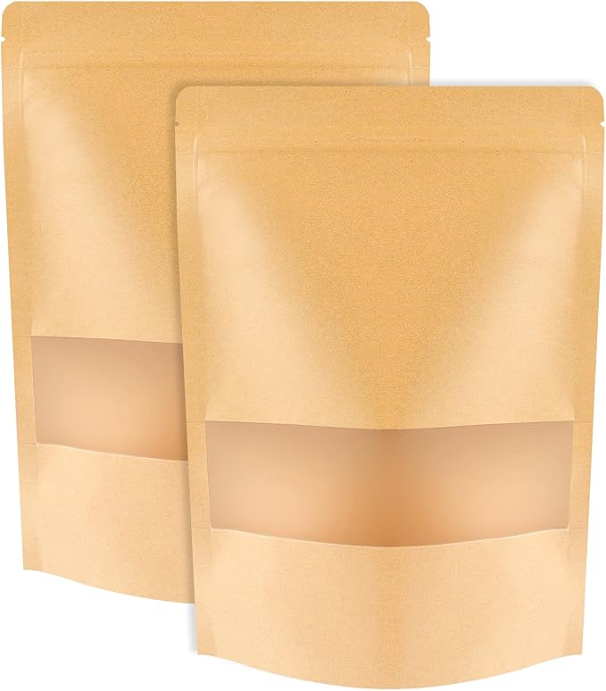 100 Pcs Kraft Stand Up Pouches 7.1 x 10.2 Inch Resealable Food Storage Bags with Matte Window for Packaging by STUs
