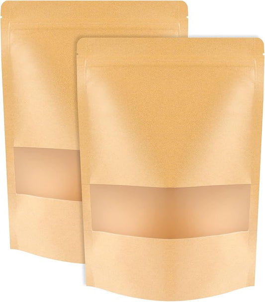 100 Pcs Kraft Stand Up Pouches 7.1 x 10.2 Inch Resealable Food Storage Bags with Matte Window for Packaging by STUs
