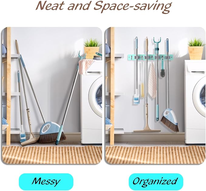 OUTNILI Turquoise Mop Broom Holder Wall Mount with 4 Slots & 4 Hooks - Wood Broom Mop Hanger for Pantry Closet Laundry Room Organization - for Teal Kitchen Decor and Accessories - Image 3