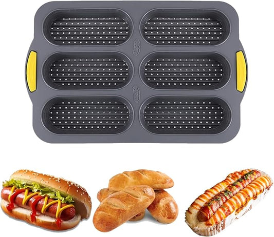 6-Cavity Silicone Baguette Bread Pan, Non-stick French Bread & Hot Dog Bun Mold, Foldable Loaf Pan Baking Tool for Hoagie Homemade Rolls, Dishwasher Safe,Easy Release, Local Stock- 1 Pack Gray
