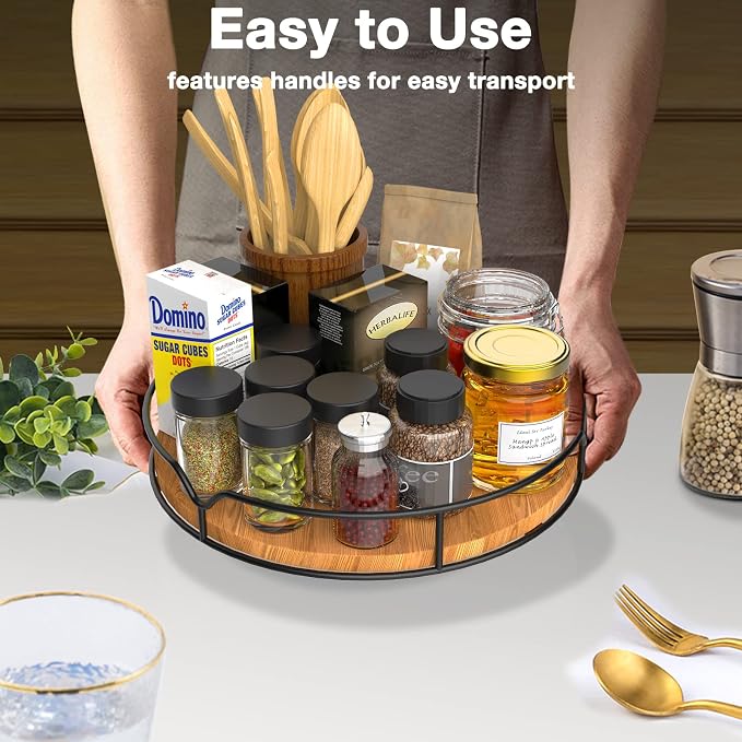 Lazy Susan Turntable Organizer with Anti-Slip Mat for Cabinet Pantry Kitchen Countertop Refrigerator Office, Pine Wood, 10", Carbonized Black - Image 5