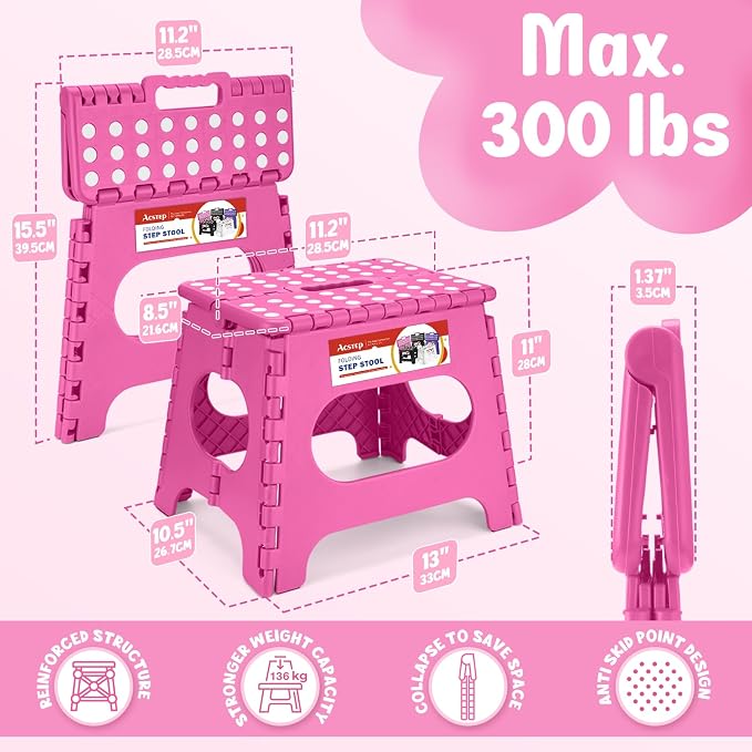 ACSTEP 11" Folding Step Stool for Kids and Adults, Holds 300 lb, Rose red | Heavy Duty Collapsible Foot Stool, Lightweight with Built-in Handle, Non-Slip for Adults Kitchen Bathroom Bedroom Outdoor - Image 6