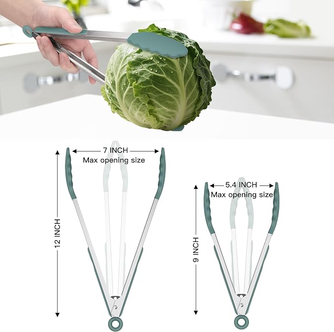 HOTEC Premium Stainless Steel Locking Kitchen Tongs with Silicon Tips, Set of 2-9" and 12", Sage Green - Image 8