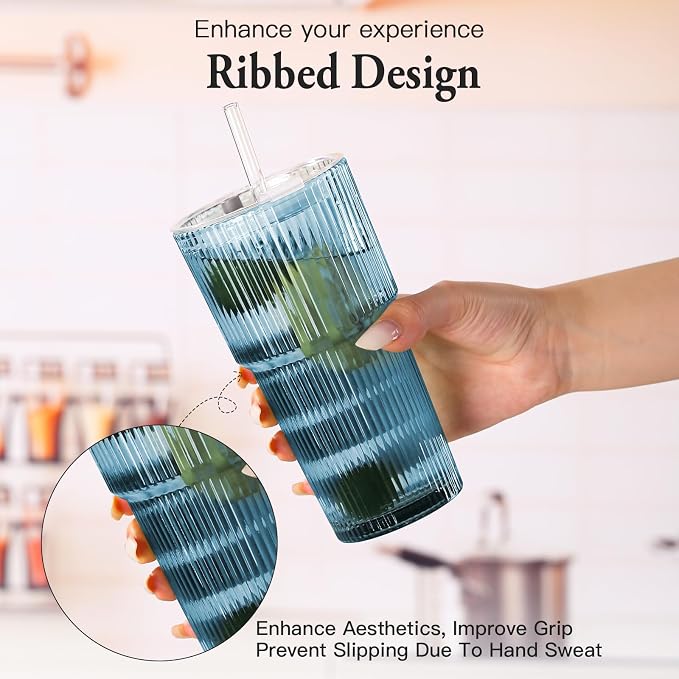 4PCS Blue Ribbed Glass Cups with Lids and Straws, 20oz Vintage Drinking Glasses, Aesthetic Iced Coffee Cups, Glass Tumbler for Boba, Beer, Tea, Cocktails, Blue Ribbed Glassware Set (Blue-4) - Image 3