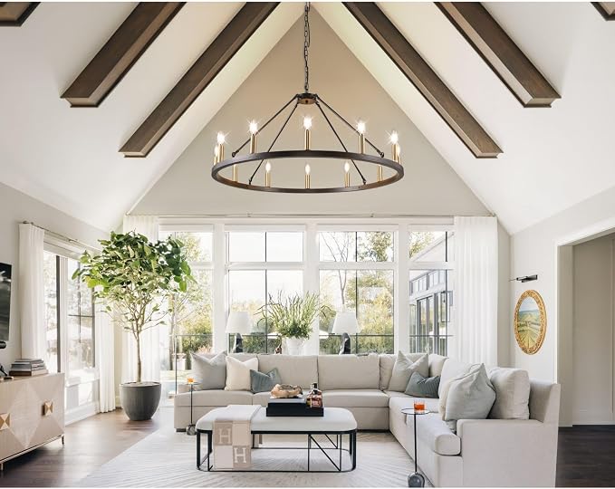 WJShome 37.5" Wagon Wheel Chandelier: The Ultimate Farmhouse Foyer Lighting Fixture - Gorgeous 12-Light Black and Gold Chandeliers to Enrich Your Dining Room! - Image 7