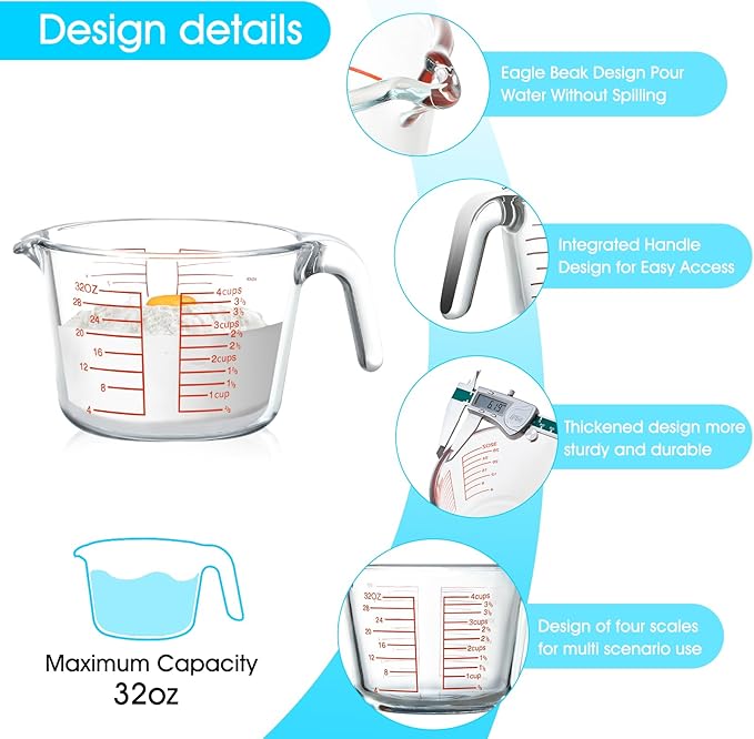 NUTRIUPS High Borosilicate 4 CUP Glass Measuring Cup, Glass Measuring Beaker with Multiple Measurement Scales, Easy to Read (4 CUP)