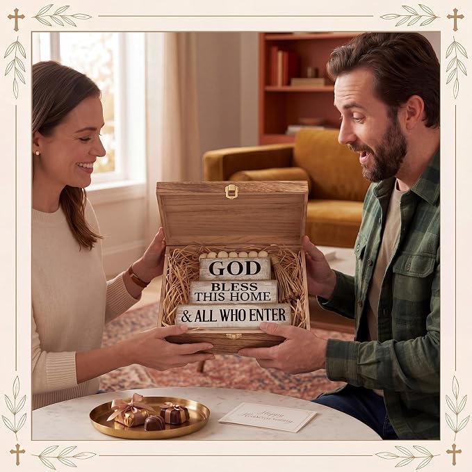 Moucuny 4 Pcs Christian Table Decor Rustic Wooden Block Sign Set with God Bless This Home & All Who Enter Farmhouse Stacked Decor with Beaded Garland Tassel Christian Home Decors for Office, Shelf - Image 6