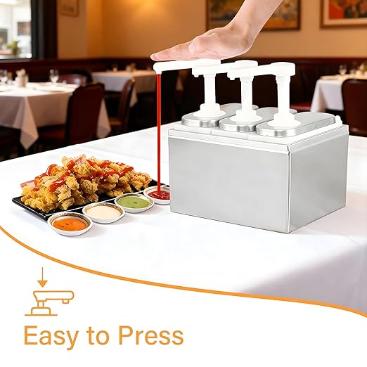 Sauce Dispenser Pump 6L, Stainless Steel Condiment Pump Station with 3 Jars, Condiment Pump Dispenser, Large Three Head Ketchup Dispenser