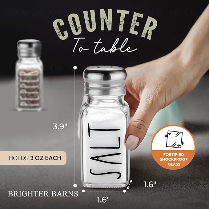 Clear Glass Salt and Pepper Shakers Set by Brighter Barns - Modern Kitchen Decor for Home Restaurant BBQ Camping RV - Farmhouse Kitchen Accessories - Glass Shakers & Stainless Steel Lids (Clear) - Image 4
